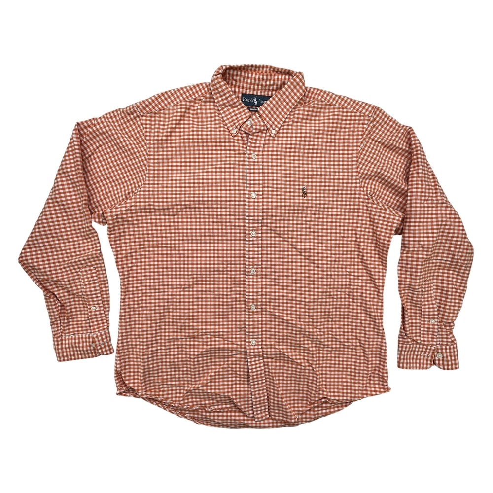 Ralph Lauren Shirt Mens XL Custom Fit Orange White Gingham Check Button Down